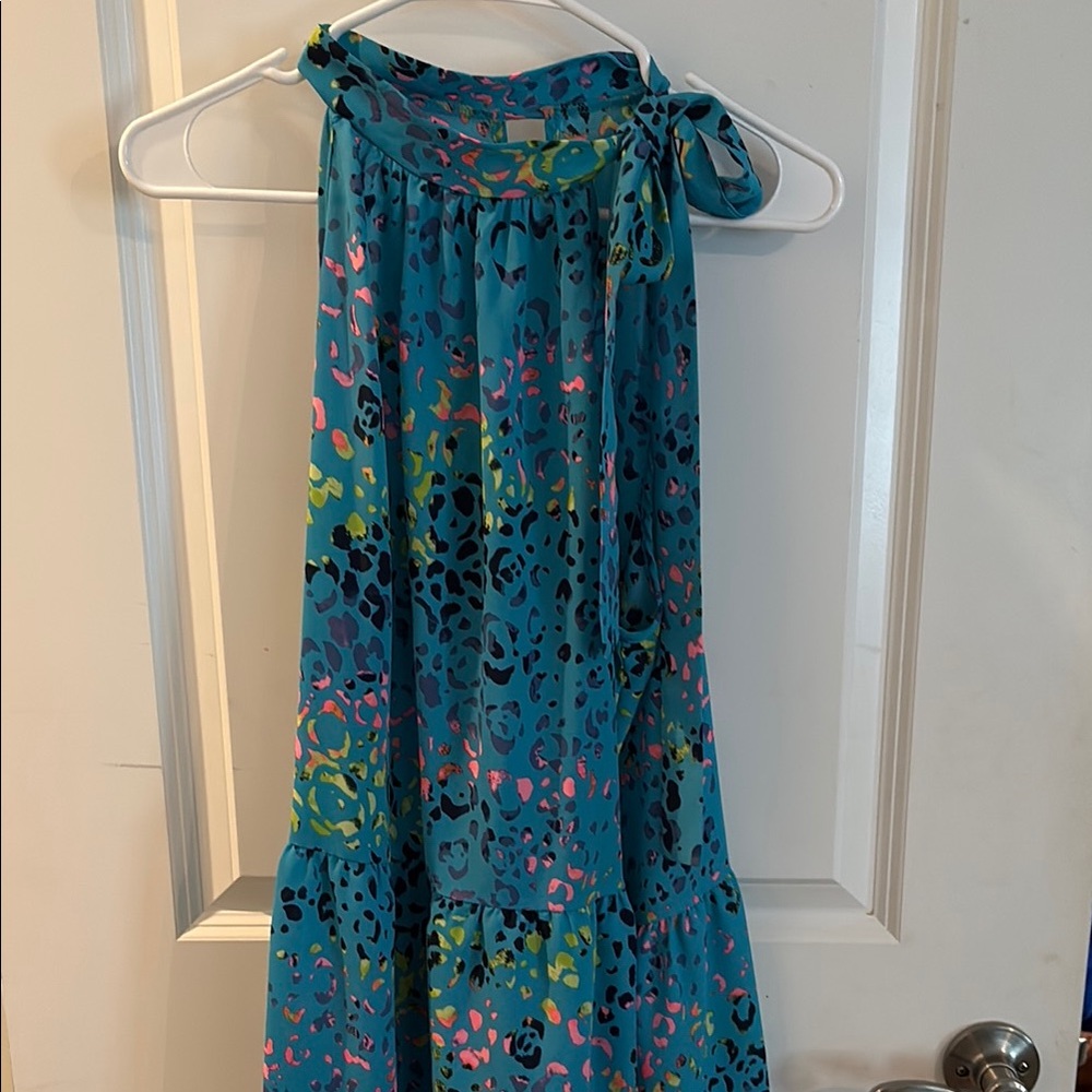 Blue Tie Front Tiered Tank Top